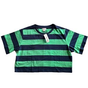 THE DROP Women’s  Sydney SSNavy Blue&Green Stripes Cropped Large Top BNWT